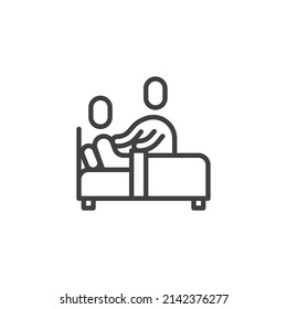 Caregiver Nursing Home Line Icon. Linear Style Sign For Mobile Concept And Web Design. Nurse Covering Elderly Man With Blanket Outline Vector Icon. Symbol, Logo Illustration. Vector Graphics