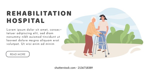 A caregiver and old age woman with orthopedic walker outdoors. Assisted living concept. Volunteer helping elderly lady. Horizontal web banner social worker walking with senior person in nature. Vector