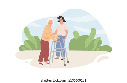 A caregiver and old age woman with walker outdoors. Assisted living concept. Volunteer helping elderly lady. Scene of social worker walking with senior person in nature. Vector flat style illustration