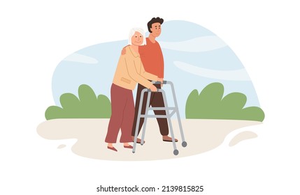 A caregiver and old age woman with walker outdoors. Assisted living concept. Volunteer helping elderly lady. Scene of social worker walking with senior person in nature. Vector flat illustration.