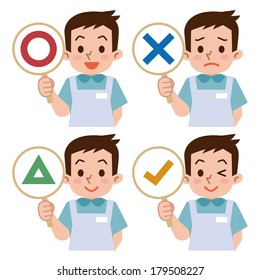 Caregiver with a panel of correct and incorrect answers