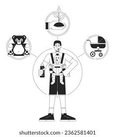 Caregiver person archetype bw concept vector spot illustration. Man with baby 2D cartoon outline character on white for web UI design. Familyman. Parenting Editable isolated color hero image