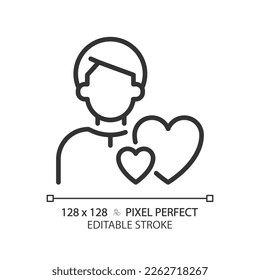 Caregiver pixel perfect linear icon. Character archetype. Psychoanalytic theory. Compassionate person. Support and care. Thin line illustration. Contour symbol. Vector outline drawing. Editable stroke