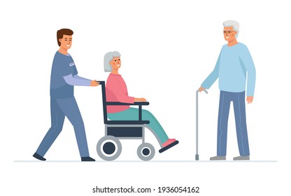 Caregiver pushes a wheelchair with an elderly woman, and a man with a cane stands next to her. Nursing home patients.