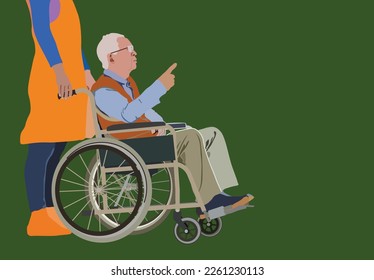 Caregiver is pushing an old man sitting in a wheelchair isolated background. Caretaker female work