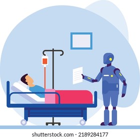 Caregiver Robots Concept, Cobot Taking Care Of Patient Vector Icon Design, Robotic Medicine Symbol, Healthcare Scene Sign, Innovation Artificial Intelligence Work In Modern Clinic Stock Illustration