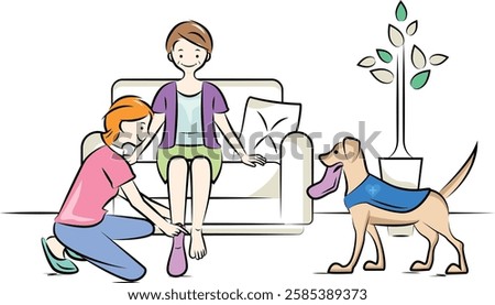 Caregiver and service dog (retriever) helping elderly woman change her socks | Caregiving series