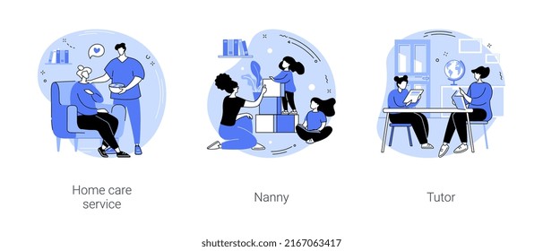 Caregiver services isolated cartoon vector illustrations set. Home care service for elderly, nursing assistance, professional nanny playing with kids, self-employed tutor teaching vector cartoon.