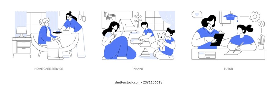 Caregiver services isolated cartoon vector illustrations set. Home care service for elderly, nursing assistance, professional nanny playing with kids, self-employed tutor teaching vector cartoon.