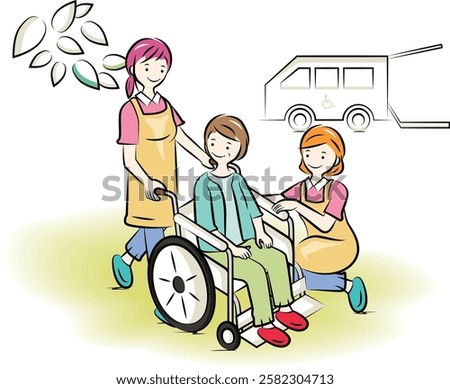 Caregiver staff and welfare vehicle assisting an elderly woman in a wheelchair | Care and nursing series