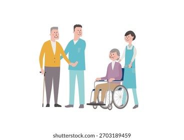 Cuidador que apoya a Personas mayores en una ilustración amistosa de la escena del cuidado