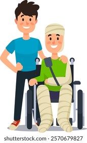 Caregiver is supporting an injured smiling patient who is sitting in a wheelchair with broken legs and plastered head, demonstrating care and assistance