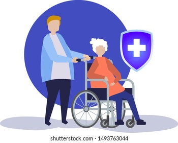 Caregiver take care eldery woman on wheel chair. - Vector