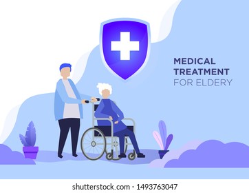 Caregiver take care eldery woman on wheel chair. - Vector