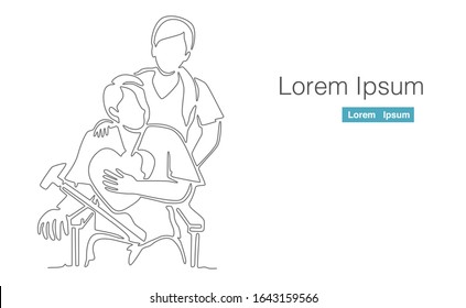 caregiver take care old man, nursing home care service continuous line drawing illustration