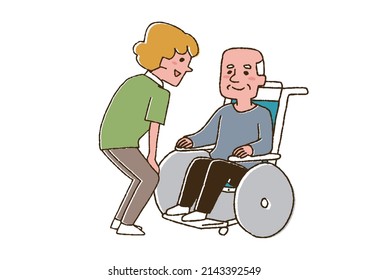 Caregiver talking to an elderly man in a wheelchair with his eyes on a comical handwritten person Vector, color on line drawing