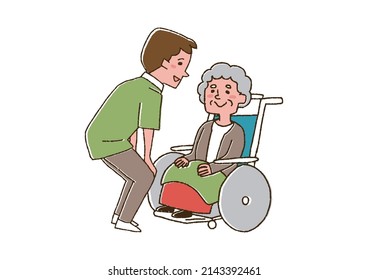 Caregiver talking to an elderly woman in a wheelchair with a line of sight Comical handwritten person Vector, color on line drawing