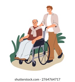 Caregiver walking with senior old aged man, pushing wheelchair during outdoor stroll. Carer helping, assisting elderly person with disability. Flat vector illustration isolated on white background