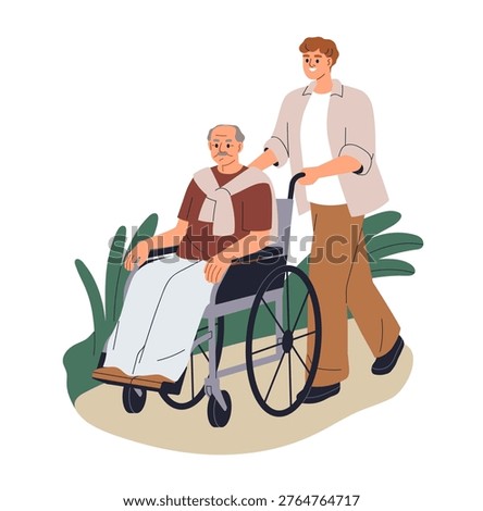 Caregiver walking with senior old aged man, pushing wheelchair during outdoor stroll. Carer helping, assisting elderly person with disability. Flat vector illustration isolated on white background