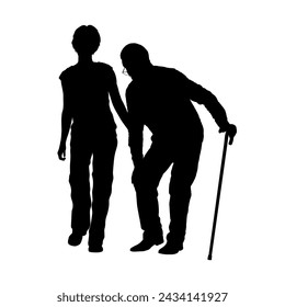 Caregiver woman helps old man with knee pain to stand vector silhouette.	