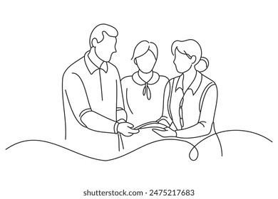 Caregivers discussing care plans, continuous line art vector illustration