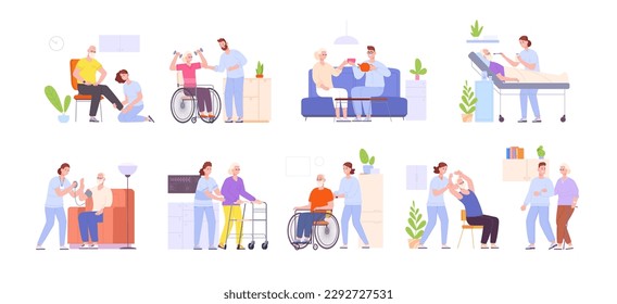 Cuidados de ancianos. Cuidados familiares, enfermeras profesionales de la asistencia social que atienden a ancianos enfermos en un hospital o un centro de enfermería, servicios superiores espléndida ilustración vectorial del cuidador familiar