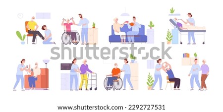 Caregivers of elderly. Family caregiver, nurse professional social worker taking care of sick old people in hospital or nursing home, senior services splendid vector illustration of family caregiver