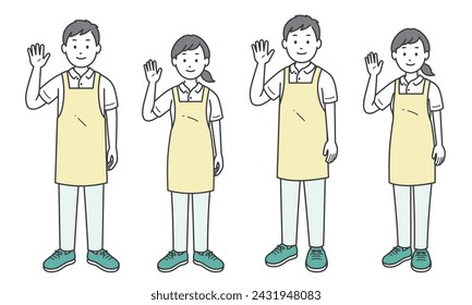 Caregivers male and female raising one hand