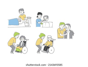 Caregiver's work illustration set Comical handwritten person vector, line drawing and color