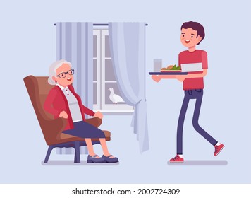 Caregiving elderly people, young man helping senior woman at home. Older adult care, volunteer nursing, assistance, charity, disability social support service. Vector flat style cartoon illustration