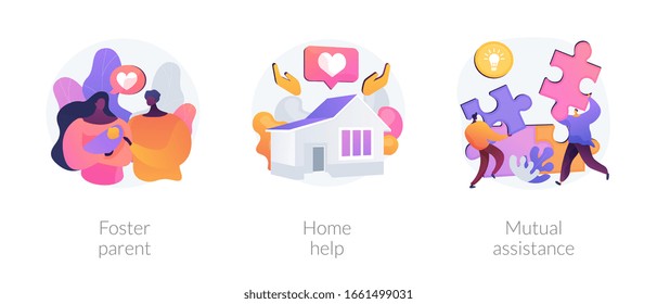 Caregiving and social support services metaphors. Foster parent, home help, mutual assistance. Child adoption, help with domestic chores abstract concept vector illustration set.