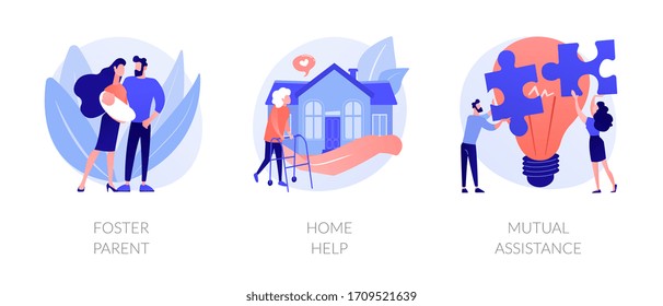 Caregiving and social support services metaphors. Foster parent, home help, mutual assistance. Child adoption, help with domestic chores abstract concept vector illustration set.