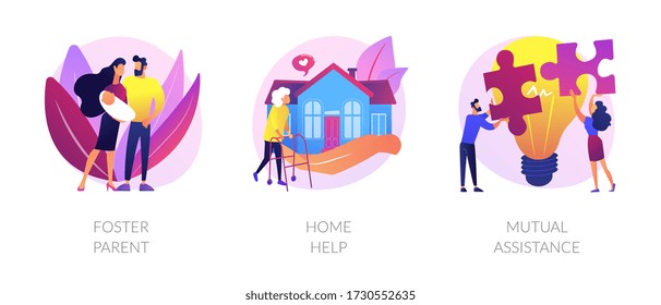 Caregiving And Social Support Services Metaphors. Foster Parent, Home Help, Mutual Assistance. Child Adoption, Help With Domestic Chores Abstract Concept Vector Illustration Set.