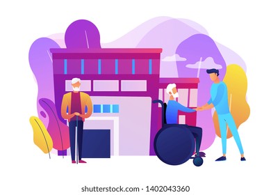 Caregiving, volunteering. Disabled patient support, hospital assistance. Elderly care, senior homesick nursing, elderly care services concept. Bright vibrant violet vector isolated illustration