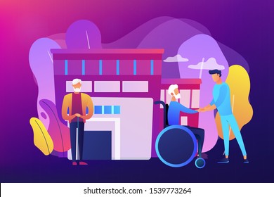 Caregiving, volunteering. Disabled patient support, hospital assistance. Elderly care, senior homesick nursing, elderly care services concept. Bright vibrant violet vector isolated illustration