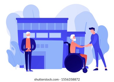 Caregiving, volunteering. Disabled patient support, hospital assistance. Elderly care, senior homesick nursing, elderly care services concept. Pinkish coral bluevector isolated illustration