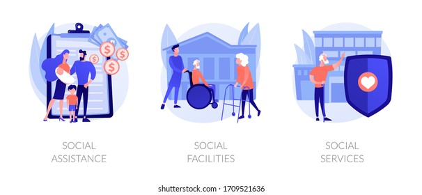 Caregiving and welfare services metaphors. Social assistance and facilities, nursery home caretakers, disability rehabilitation clinic abstract concept vector illustration set.