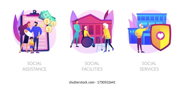 Caregiving and welfare services metaphors. Social assistance and facilities, nursery home caretakers, disability rehabilitation clinic abstract concept vector illustration set.