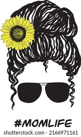 A careless Afro bun, aviator glasses. Vector female silhouette with sunflower. The girl draws an illustration. Women's curly hairstyle.