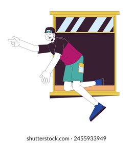 Careless asian man falling out of window 2D linear cartoon character. Surviving traumatic accident isolated line vector person white background. Safety rules violation color flat spot illustration