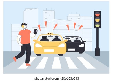 Muchacho descuidado con smartphone cruzando la calle con semáforos rojos. Gente cuidadosa conduciendo autos parando frente a peatones en el cruce de la ilustración vectorial plana. Seguridad vial, accidente, concepto