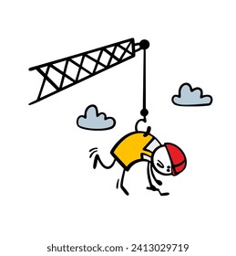 Careless builder got into an awkward situation. Crane hooked  worker by his uniform and lifted him into the sky. Stickman in  red helmet dangles high in the air. Isolated vectror cartoon on white.