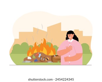 Careless burning of rubbish creates smoke which causes air pollution, vector illustration.