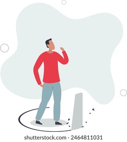 careless businessman standing without knowing someone sawing floor to collapse.flat vector illustration.