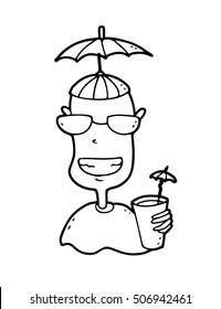 Careless carefree cheerful debonair happy cool tourist or party animal in sunglasses and ridiculous umbrella-hat relaxes with alcoholic cocktail in hand, having fun during his summer vacation