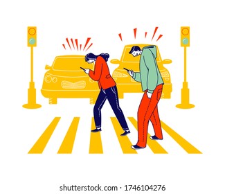 Careless Characters Using Smartphone while Crossing City Road Ignoring Traffic Light and Cars Signaling. Human Carelessness Concept, Danger on Road, Harmful Gadget Impact. Linear Vector Illustration