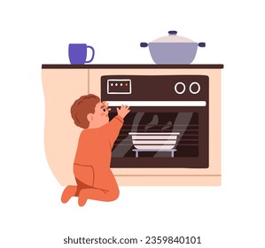 Careless child at hot stove. Kid touching oven. Unsafe dangerous situation, scorch risk at home kitchen. Baby, toddler in danger. Flat graphic vector illustration isolated on white background