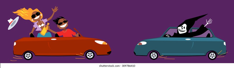 Careless couple with a bottle of liquor driving, about to collide with a grim reaper in another car, vector cartoon, no transparencies, EPS 8