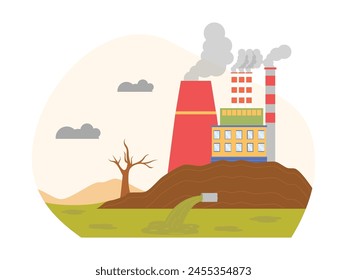 Careless disposal of industrial waste and excessive smoke emitting causes environmental damage, pollution vector illustration.