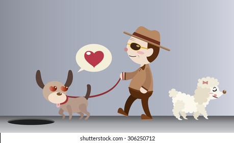 careless dog lead blind old man but it fall in love with the beautiful puddle cartoon vector